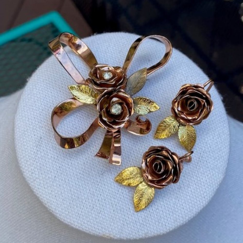 VTG CORO Gold Rose Brooch Earrings